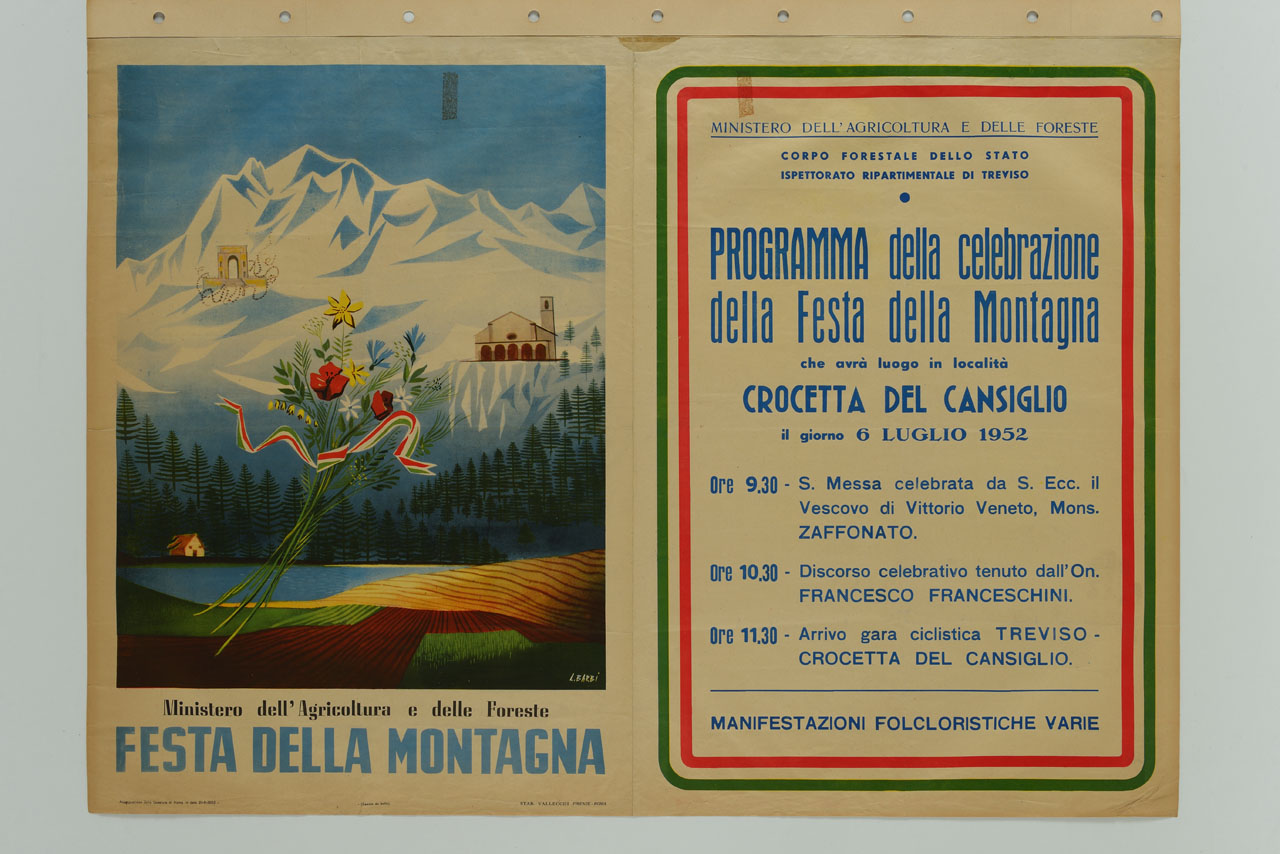mazzo di fiori legato con nastro tricolore sullo sfondo di un paesaggio montano (manifesto) di Barbi Lamberto (sec. XX)