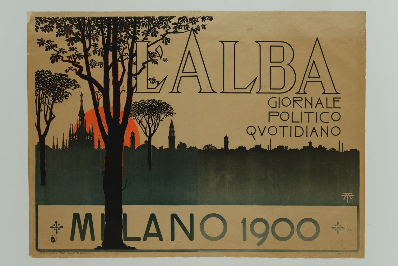 alberi e profilo della città di Milano sullo sfondo del sole nascente (manifesto, stampa composita) di Taddio Arturo (sec. XX)