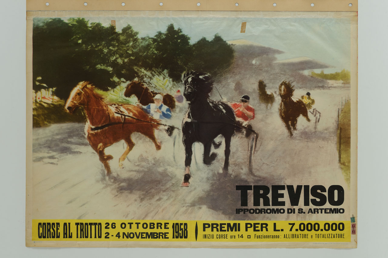 riproduzione di opera d'arte raffigurante una corsa al trotto in un ippodromo (manifesto) - ambito italiano (sec. XX)
