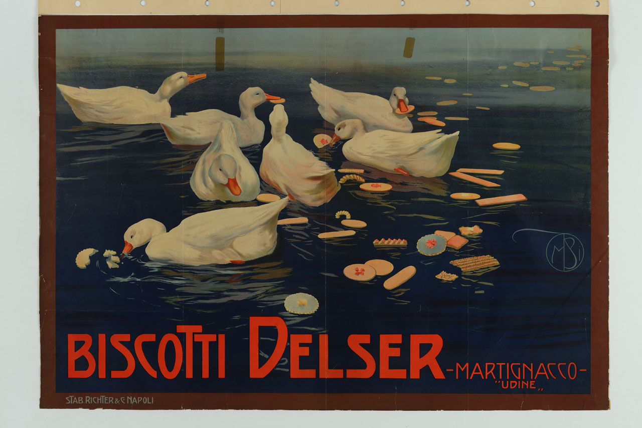 gruppo di papere mangiano biscotti gettati in acqua (manifesto) di Borgoni Mario (prima metà sec. XX)