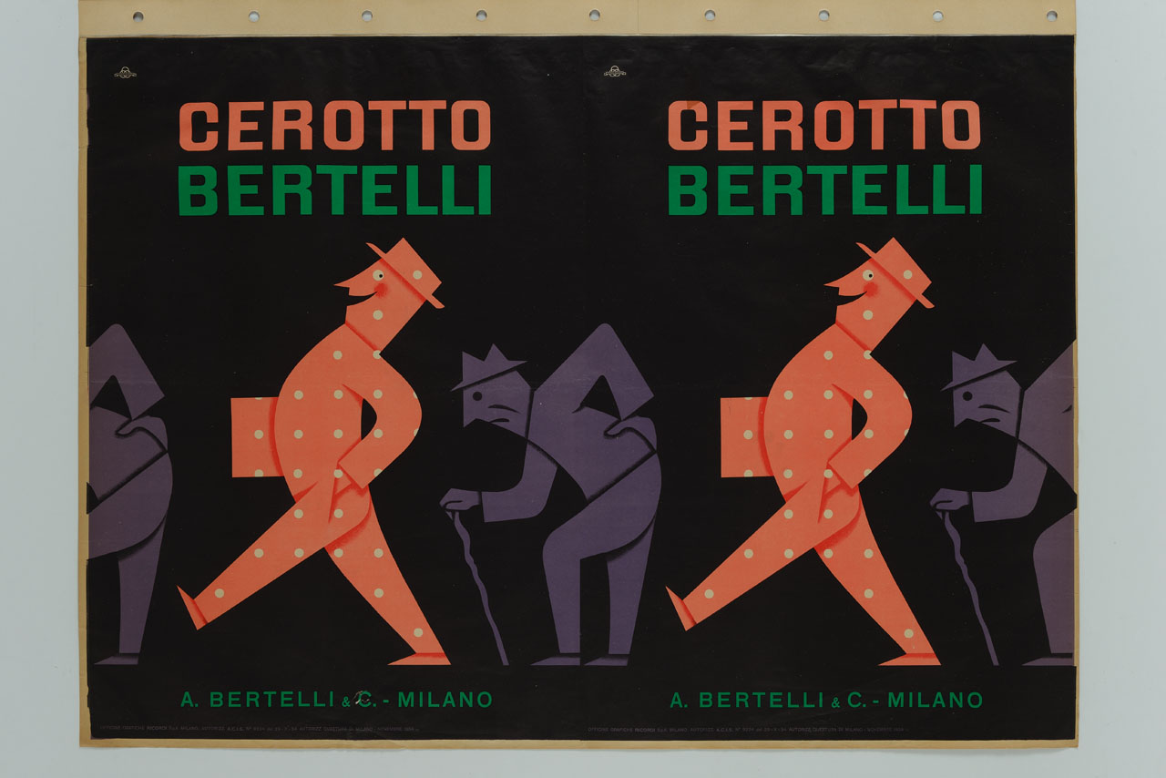 personaggi maschili stilizzati eretti e sorridenti si alternano ad altri ricurvi e doloranti (manifesto, stampa composita) - ambito italiano (sec. XX)