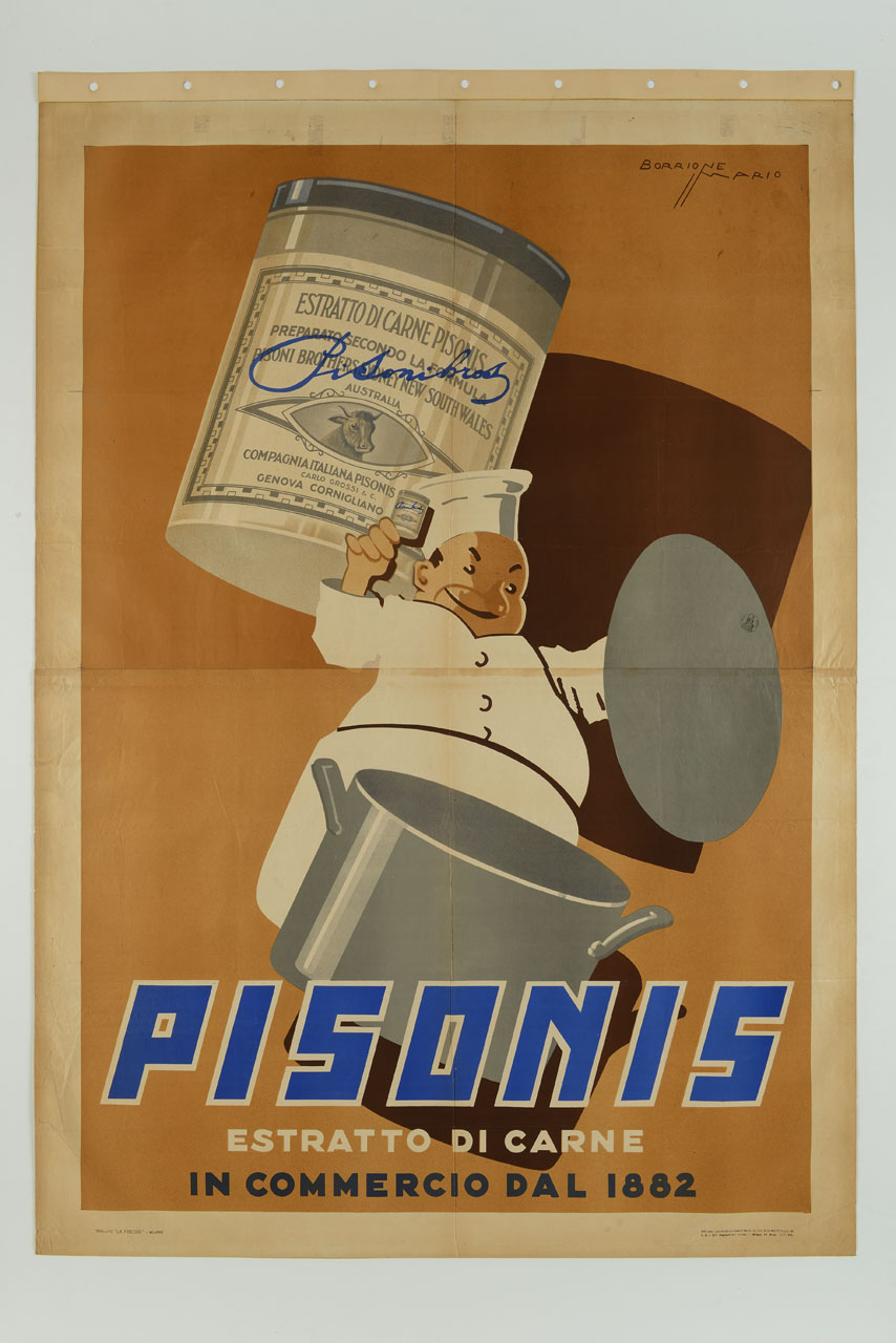 cuoco mostra un barattolo di estratto di carne Pisonis mentre solleva il coperchio di una pentola sullo sfondo di un barattolo di estratto (manifesto, stampa composita) di Borrione Mario (sec. XX)