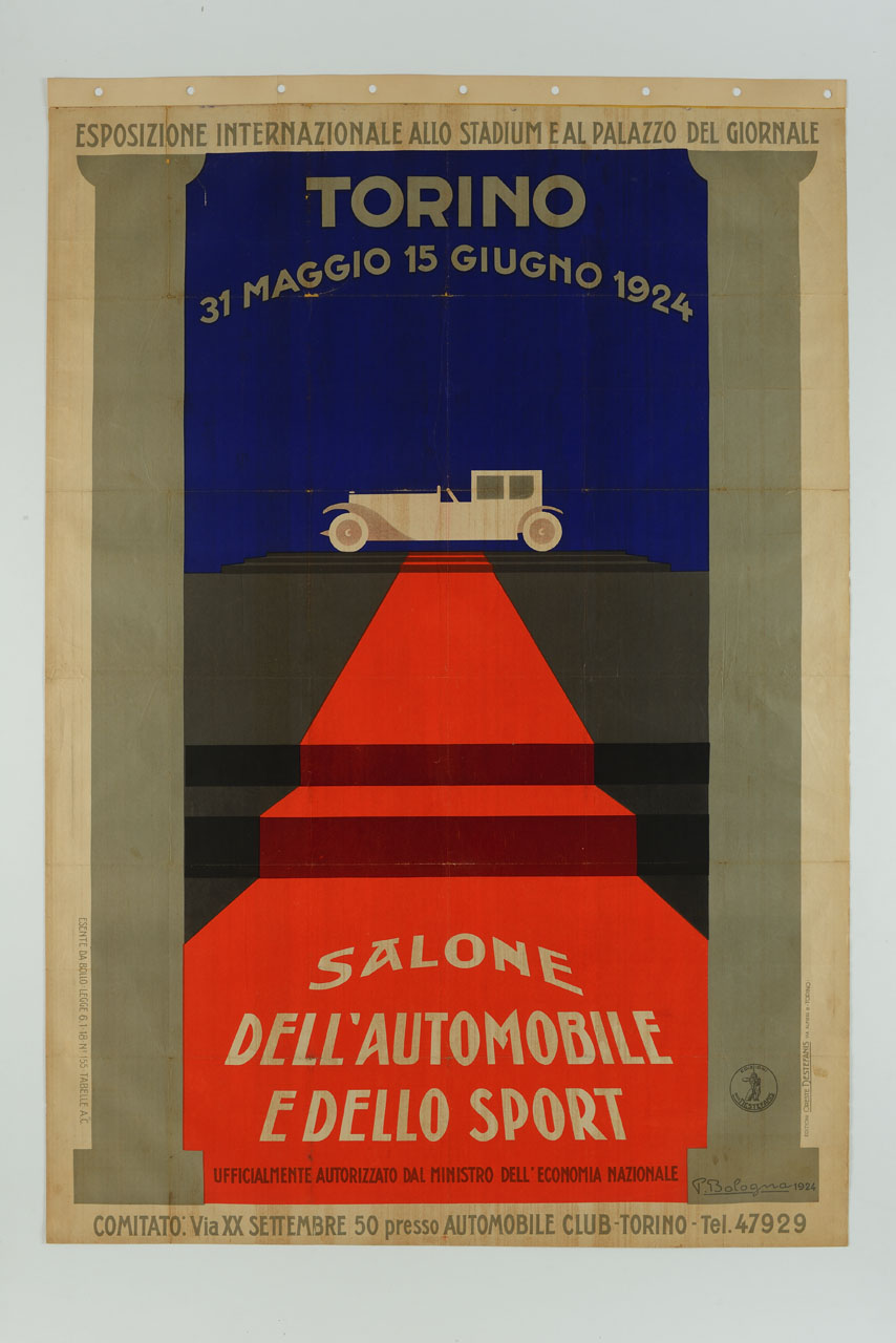 un tappeto rosso conduce ad un'automobile vista di profilo (manifesto, stampa composita) di Bologna Paola (sec. XX)