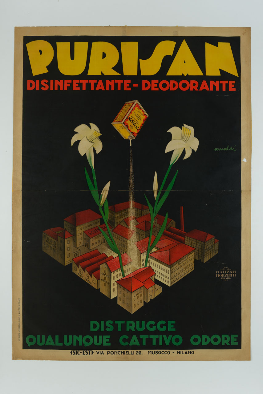 polvere deodorante scende da una scatola sugli edifici di una città generando fiori (manifesto, stampa composita) di Amaldi - ambito italiano (sec. XX)
