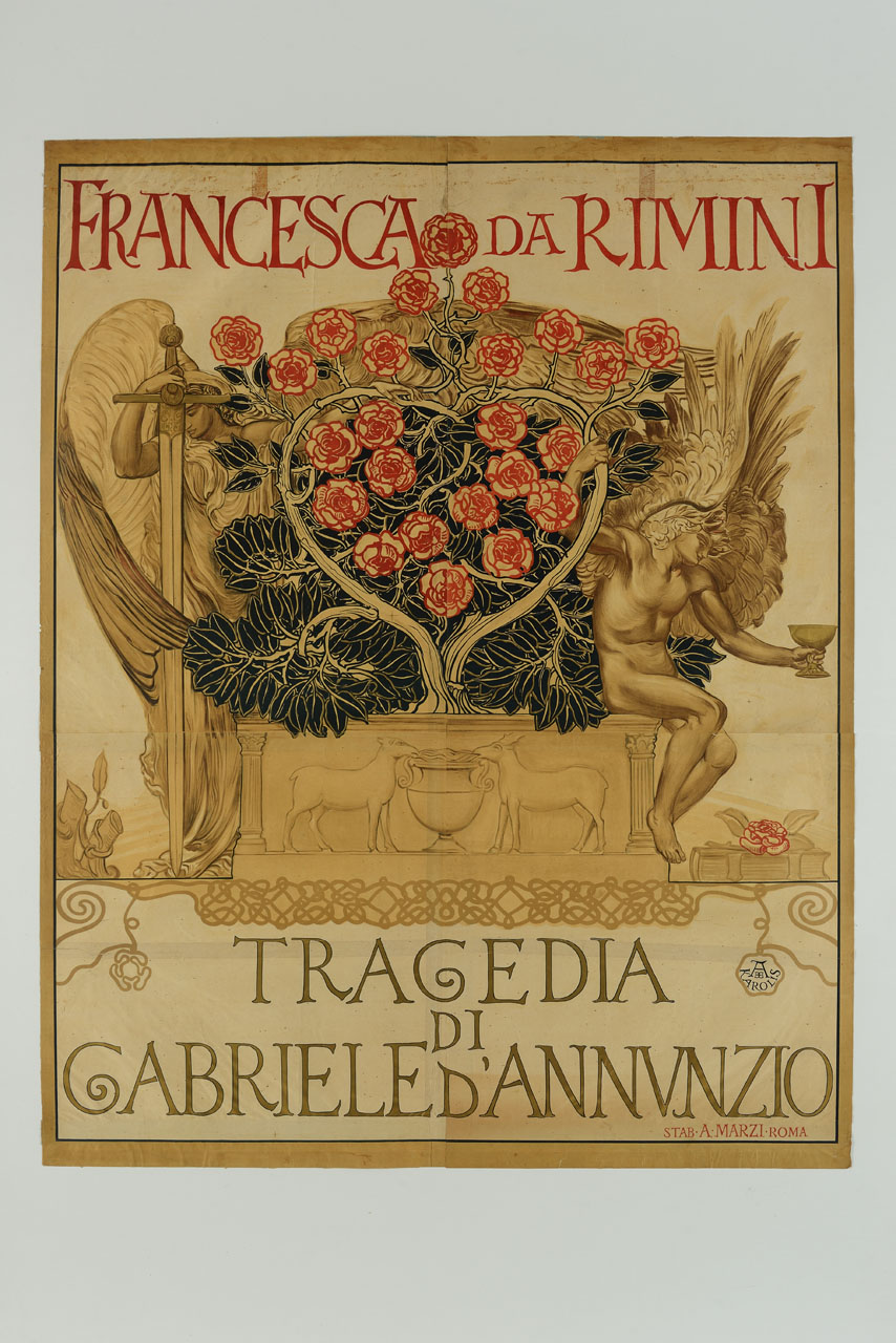 cornice a motivi floreali, fontana con rose racchiudenti una figura femminile (manifesto, stampa composita) di De Carolis Adolfo (sec. XX)