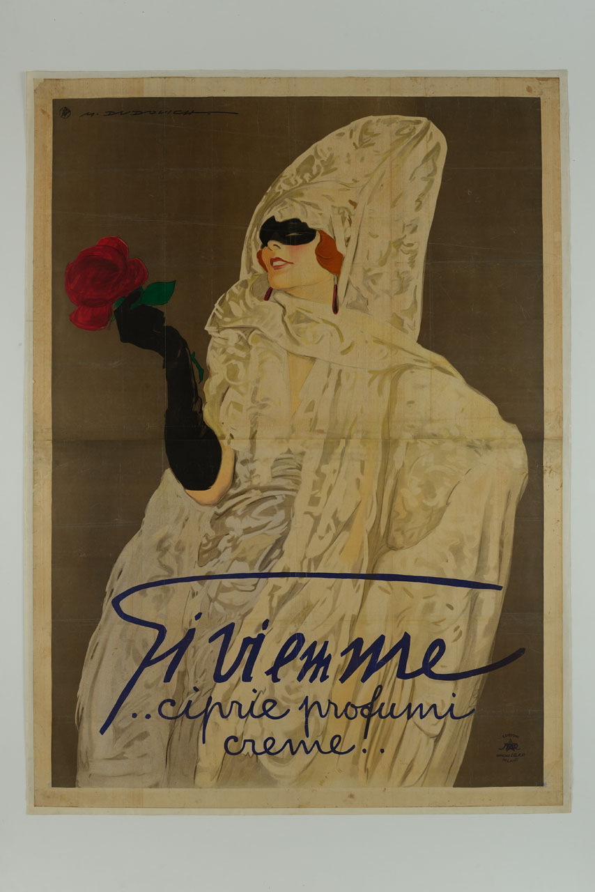 donne mascherata elegantemente vestita mostra una rosa (manifesto) di Dudovich Marcello (sec. XX)