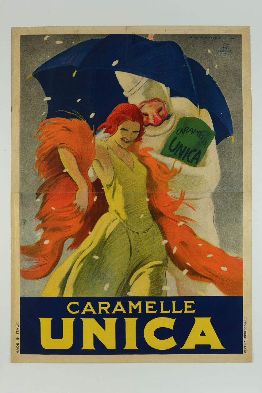 donna con scialle e un pupazzo di neve umanizzato con un sacchetto di caramelle avanzano sotto la neve riparandosi sotto un ombrello (manifesto, stampa composita) di Dudovich Marcello (sec. XX)