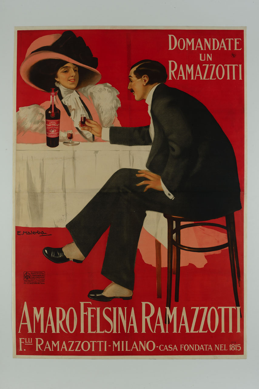 uomo seduto ed elegantemente vestito porge un bicchiere di liquore a una donna sorridente con cappello (manifesto) di Malerba Emilio (sec. XX)