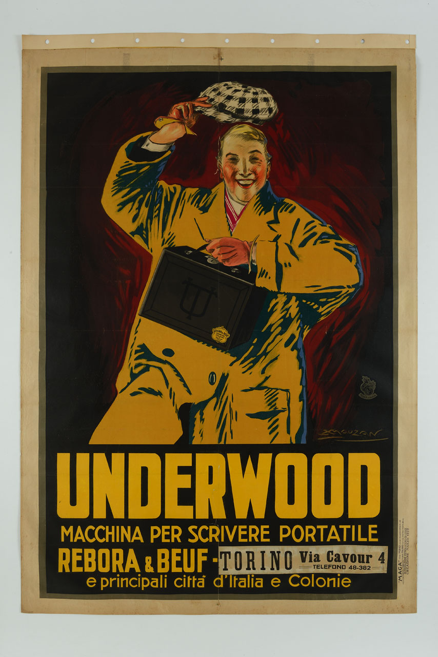 uomo con cappotto e valigetta nera si toglie il cappello in segni di saluto (manifesto) di Mauzan Achille Luciano, MAGA (sec. XX)