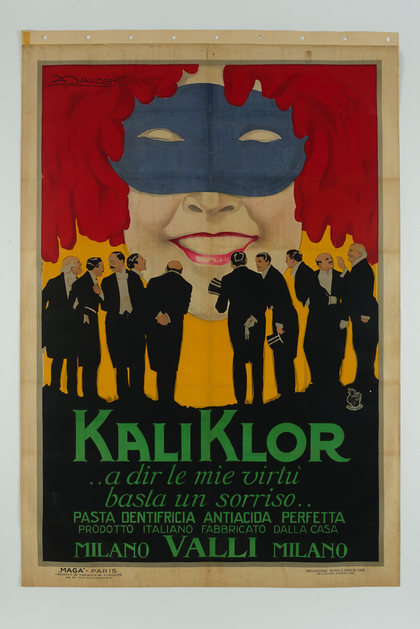 uomini in frac osservano il volto mascherato di una donna che sorride mostrando i denti (manifesto) di Mauzan Achille Luciano, MAGA (sec. XX)