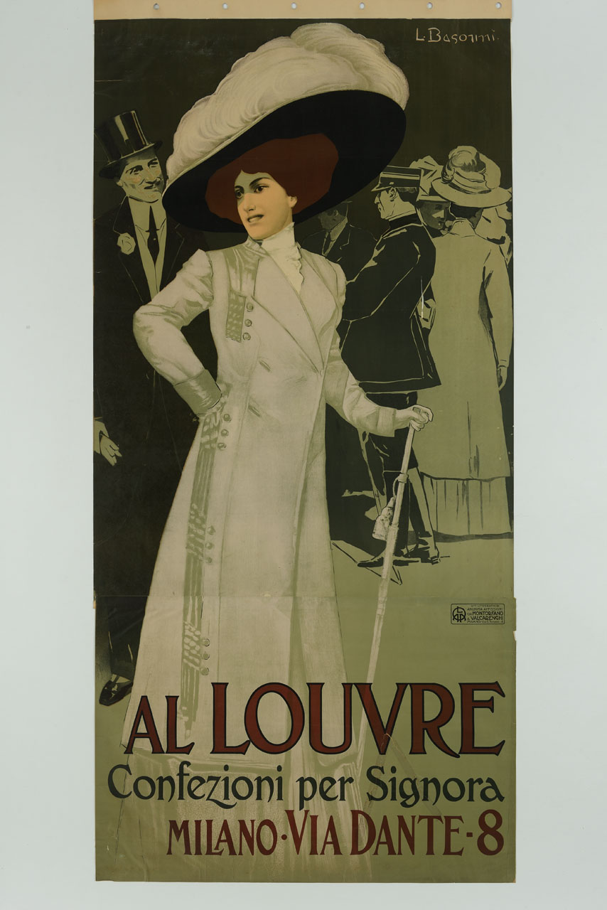 donna in posa con un cappotto elegante e un grande cappello (manifesto, stampa composita) di Bassorini - ambito italiano (prima metà sec. XX)