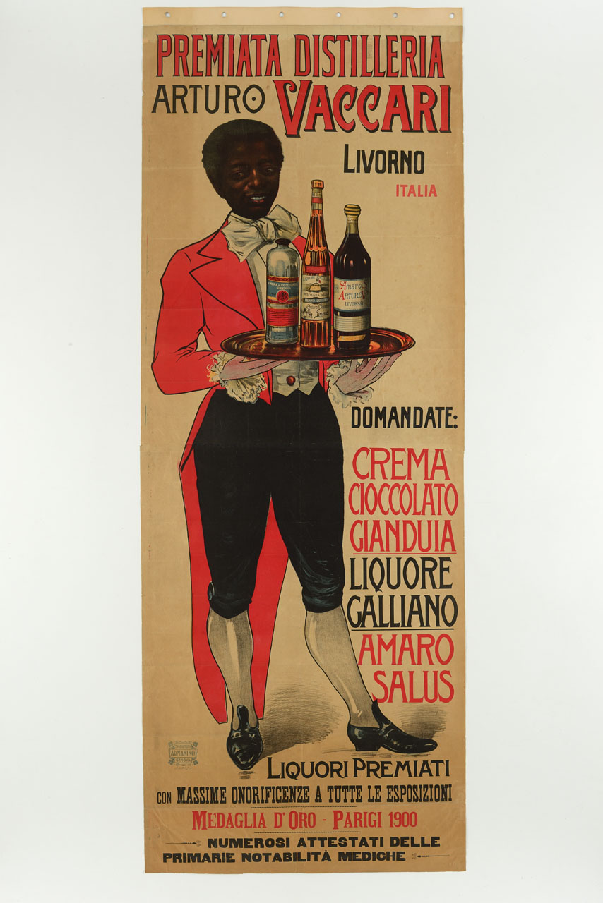 cameriere di colore con un vassoio di liquori (manifesto, stampa composita) - ambito italiano (sec. XX)