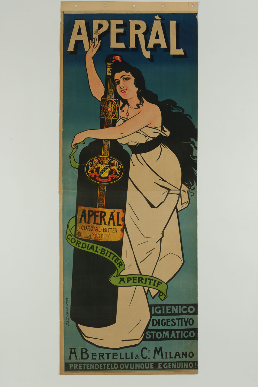 donna saluta circondando con un nastro una grande bottiglia di Aperàl (manifesto, stampa composita) - ambito italiano (inizio sec. XX)