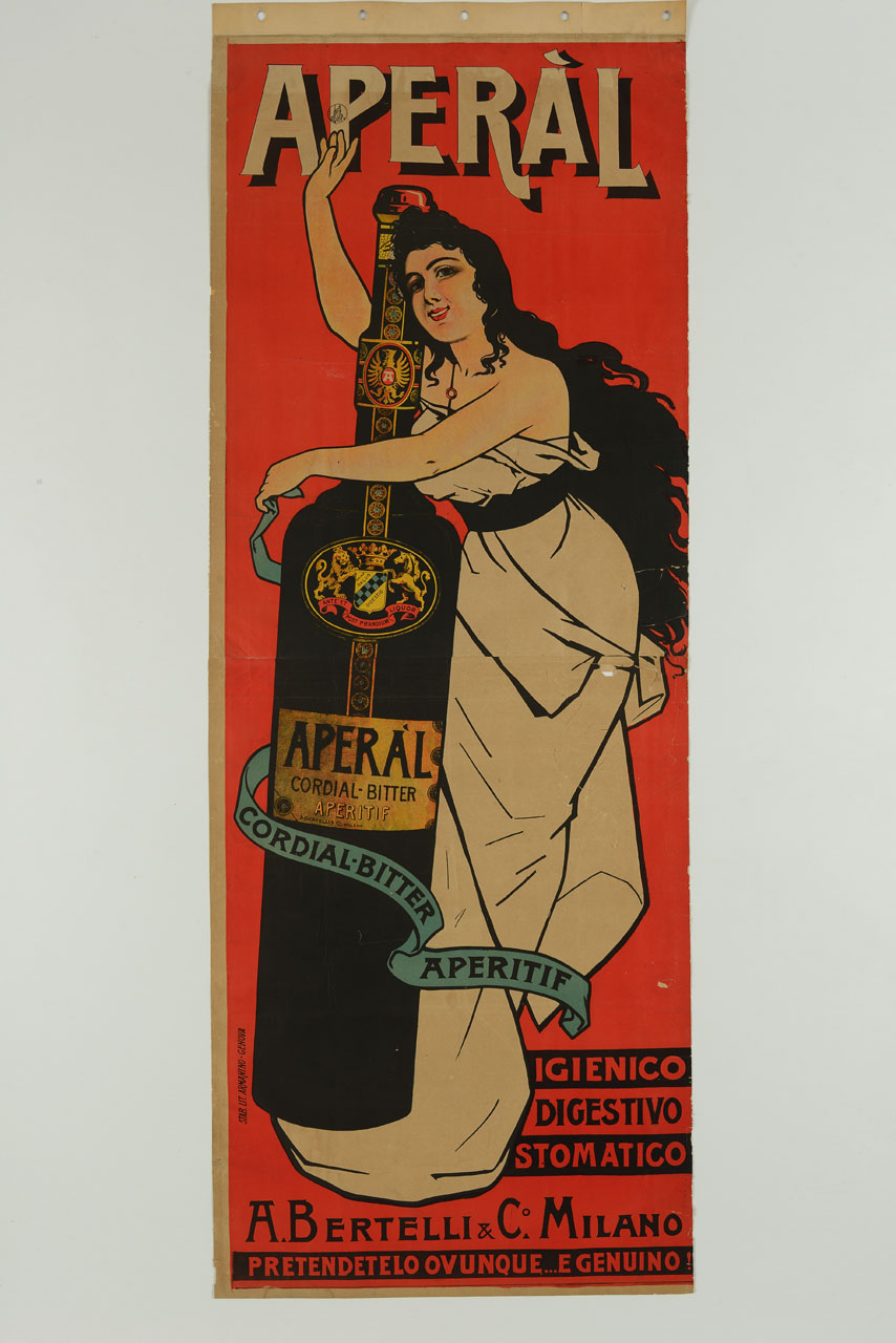 donna saluta circondando con un nastro una grande bottiglia di Aperàl (manifesto, stampa composita) - ambito italiano (inizio sec. XX)
