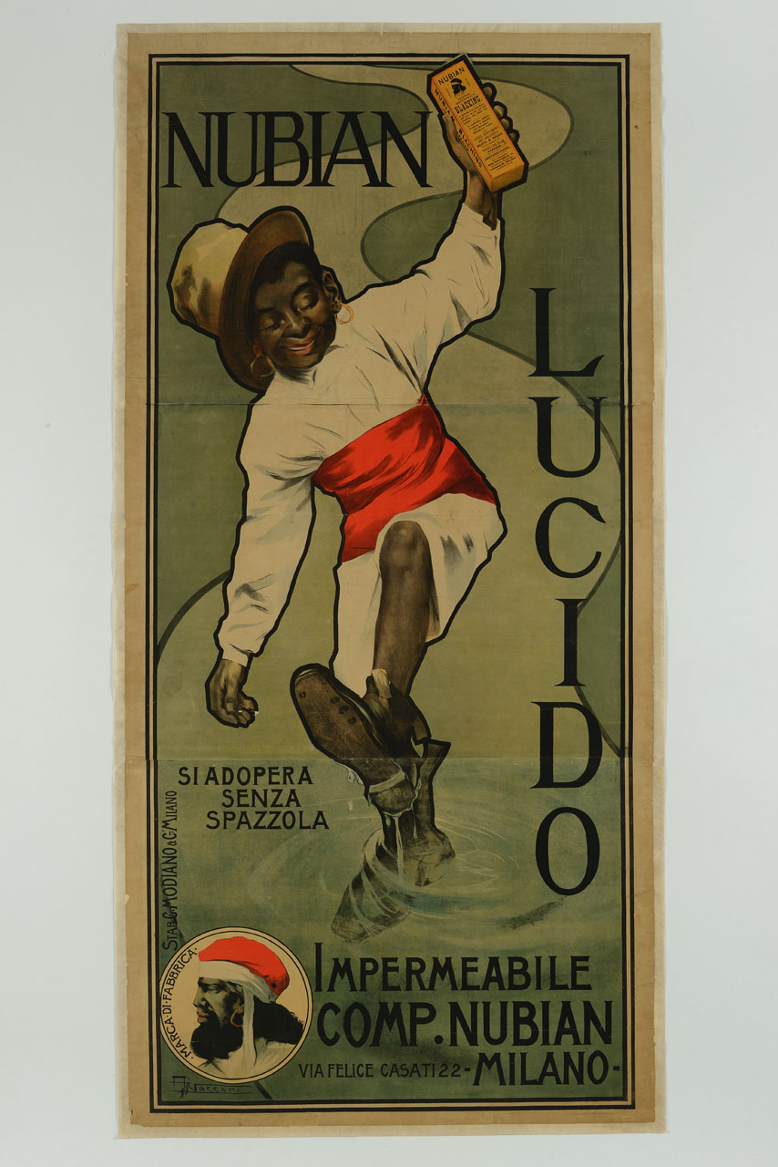 ragazzo di colore tiene in mano una confezione di Nubian mentre cammina in un torrente con le scarpe (manifesto, stampa composita) di Vaccari Alfredo (sec. XIX)
