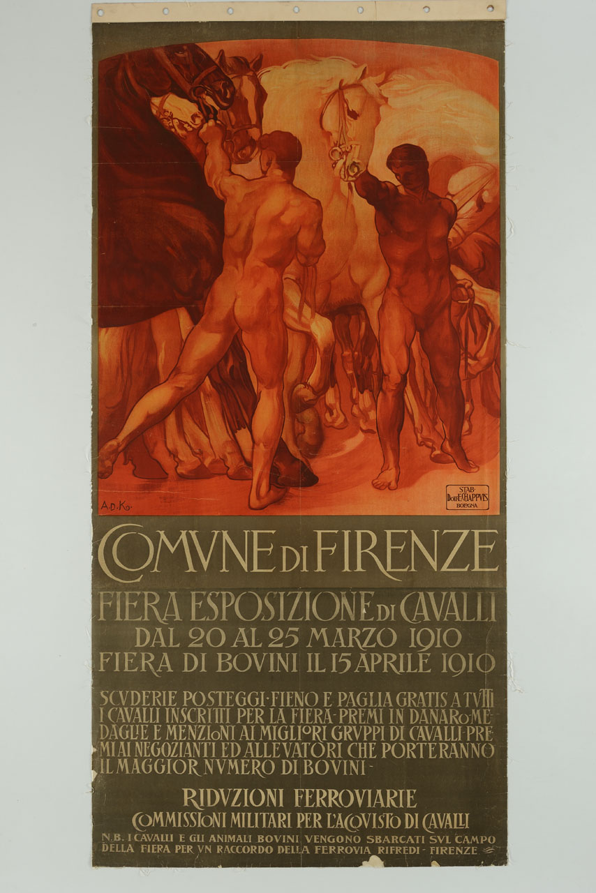 uomini nudi trattengono dei cavalli per la carezza (manifesto, stampa composita) di De Carolis Adolfo (sec. XX)