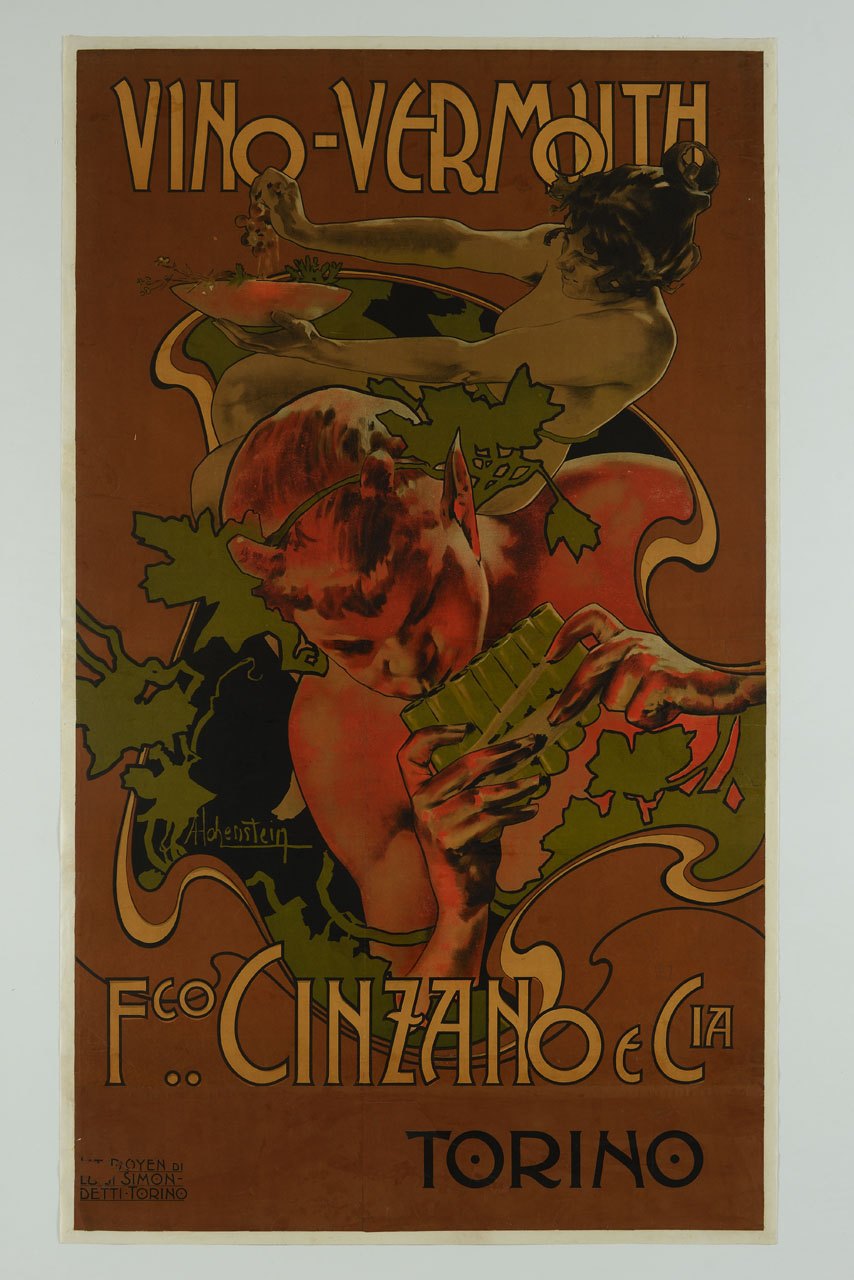 satiro suona la siringa e una donna spreme dell'uva in un piatto (manifesto, stampa composita) di Hohenstein Adolf (secc. XIX.XX)