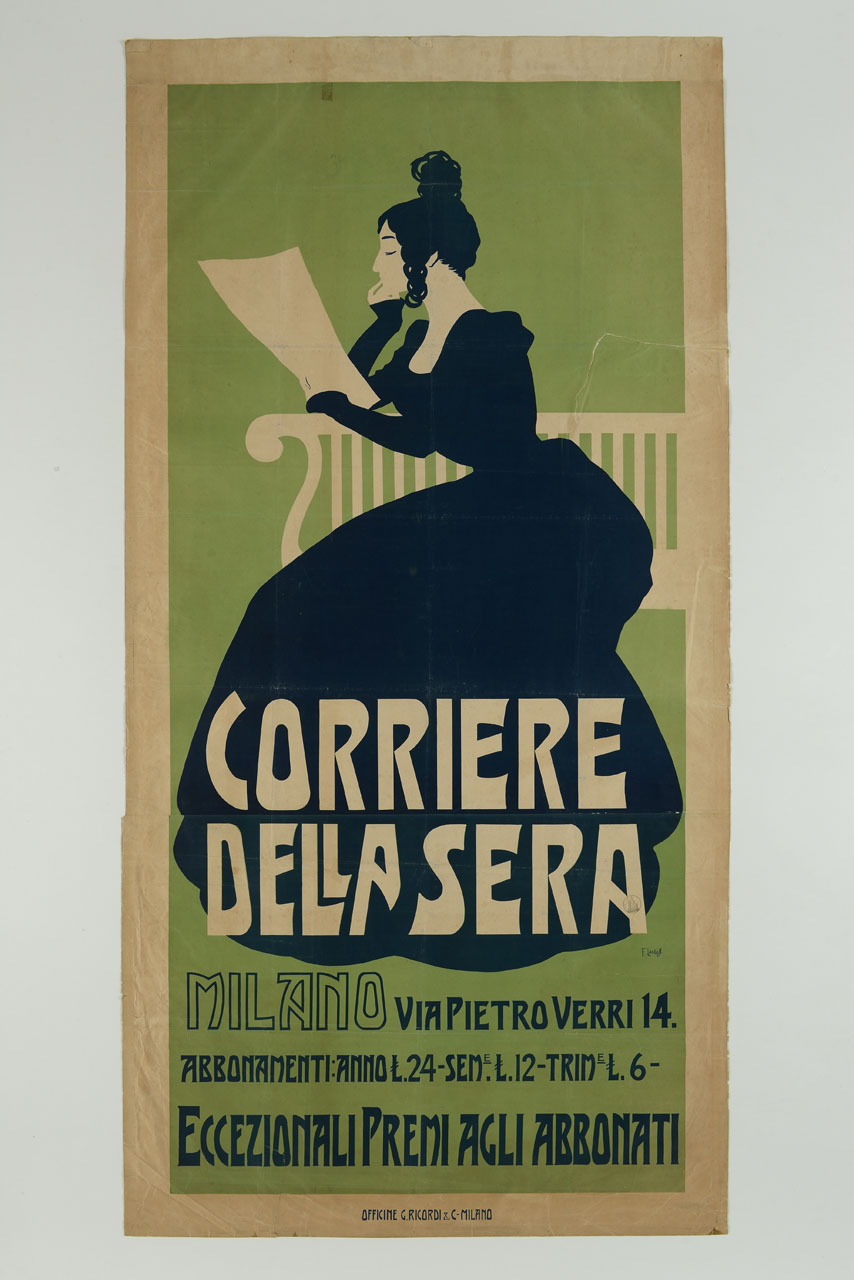 donna seduta su una panchina legge il giornale (manifesto, stampa composita) di Laskowski François detto Laskoff Franz (sec. XIX)