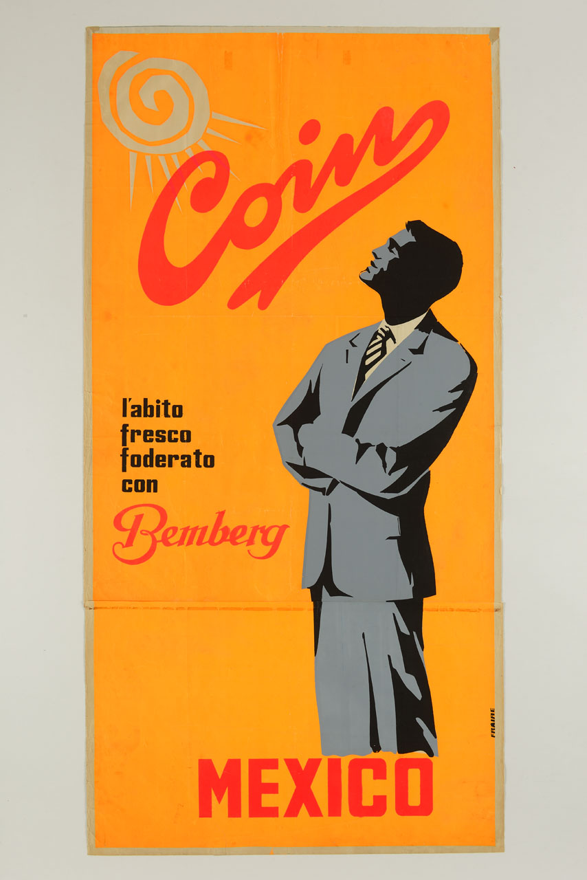 uomo elegante in posa al sole con un abito estivo (manifesto, stampa composita) di Fraire - ambito italiano (sec. XX)