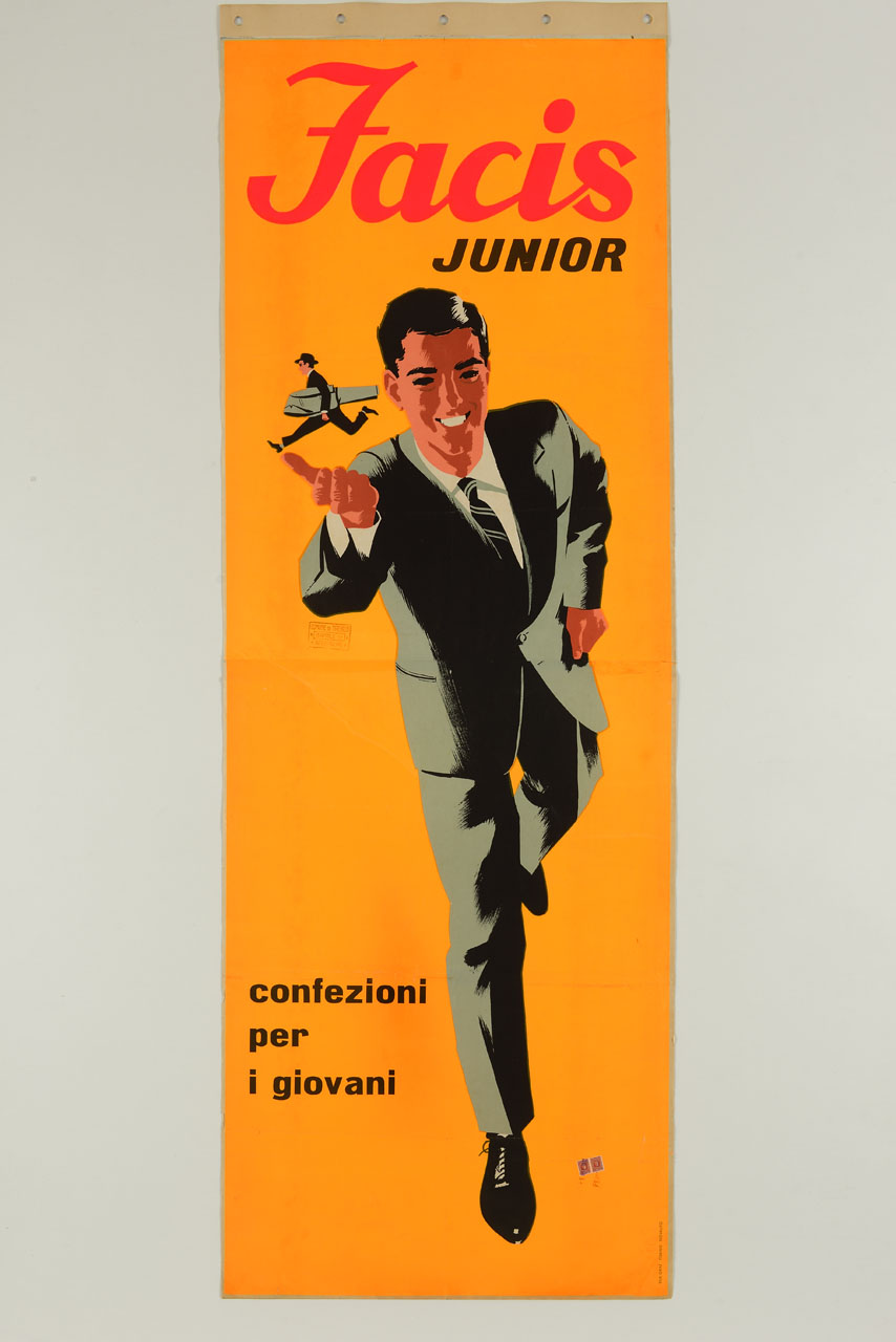 uomo in posa dinamica porta sulla mano un piccolo uomo che corre con un abito sotto braccio (manifesto, stampa composita) - ambito italiano (metà sec. XX)