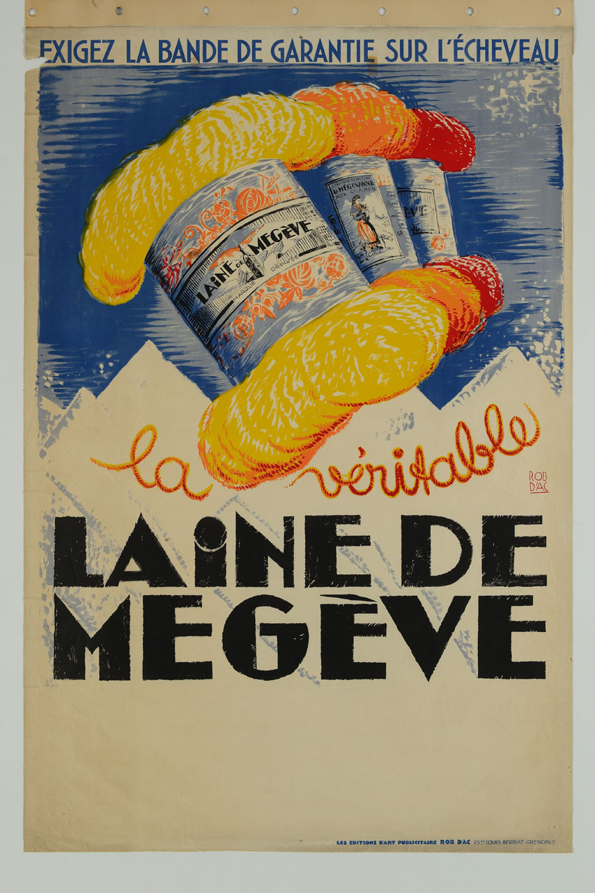 gomitoli di lana con montagne innevate sullo sfondo (manifesto) - ambito francese (sec. XX)