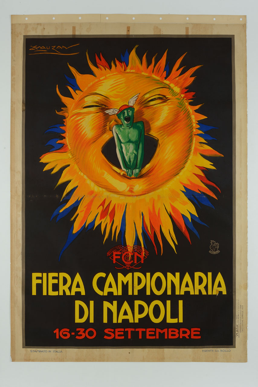 figura di Mercurio esce dalla bocca di un sole raggiato con volto di uomo (manifesto) di Mauzan Achille Luciano, MAGA (sec. XX)