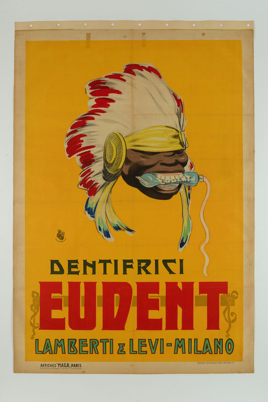 indiano d’America mostra tra i denti un tubetto di denfifricio (manifesto) di MAGA (sec. XX)