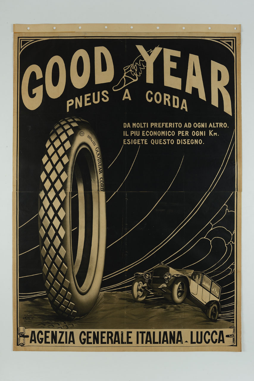 automobile percorre una strada accidentata preceduta da un pneumatico gigante (manifesto, stampa composita) - ambito italiano (sec. XX)