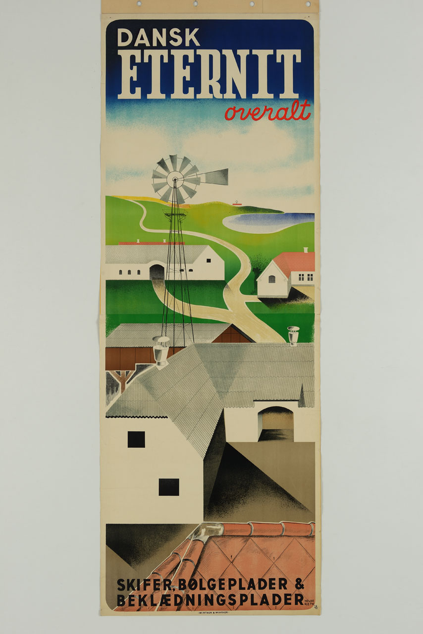 veduta di case e fabbriche rivestite di Eternit (manifesto, stampa composita) di Refn Helge - ambito danese (sec. XX)