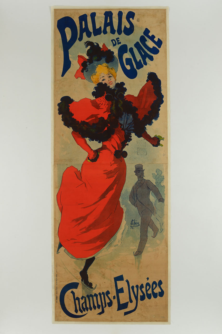 due donne e un uomo pattinano su ghiaccio (manifesto, stampa composita) di Chéret Jules (sec. XIX)