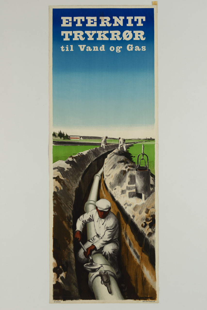 operai installano una condotta in eternit (manifesto, stampa composita) di Iørgensen Oskar - ambito danese (sec. XX)