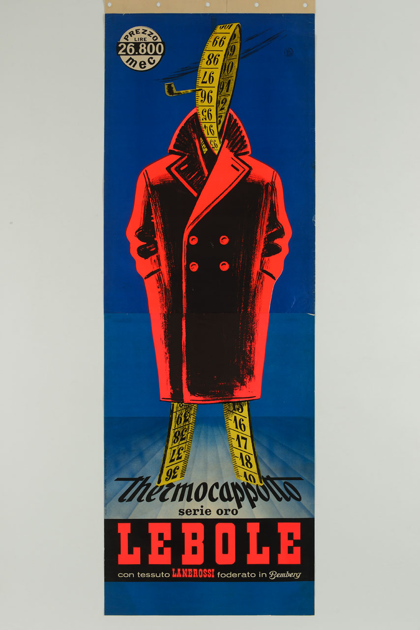 cappotto indossato da un metro da sarto (manifesto, stampa composita) - ambito italiano (sec. XX)