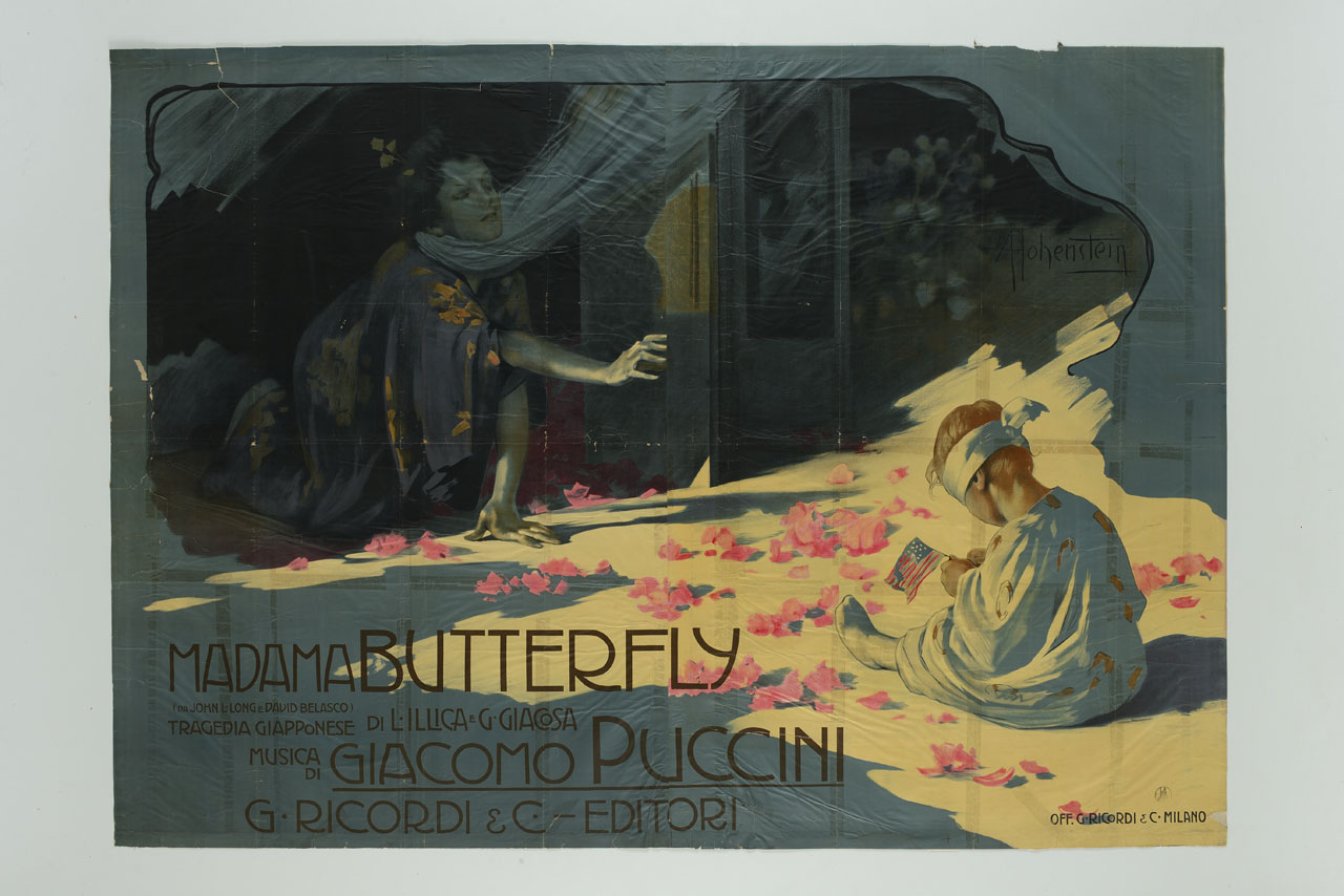 donna in ginocchio vicino ad una casa tende la mano verso una bambina seduta per terra che tiene una bandierina americana (manifesto, stampa composita) di Hohenstein Adolf (sec. XX)