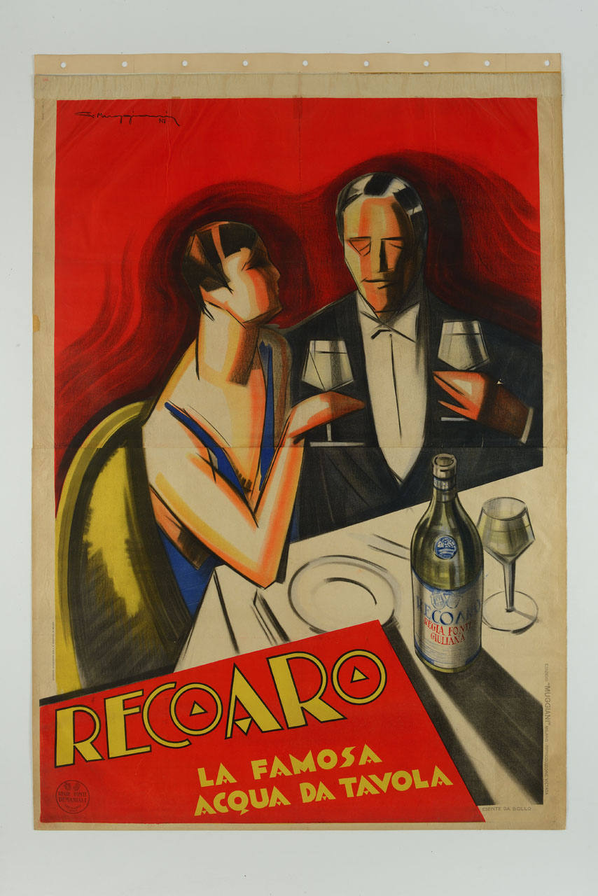 coppia seduta a tavola con bicchiere in mano (manifesto, stampa composita) di Muggiani Giorgio (sec. XX)
