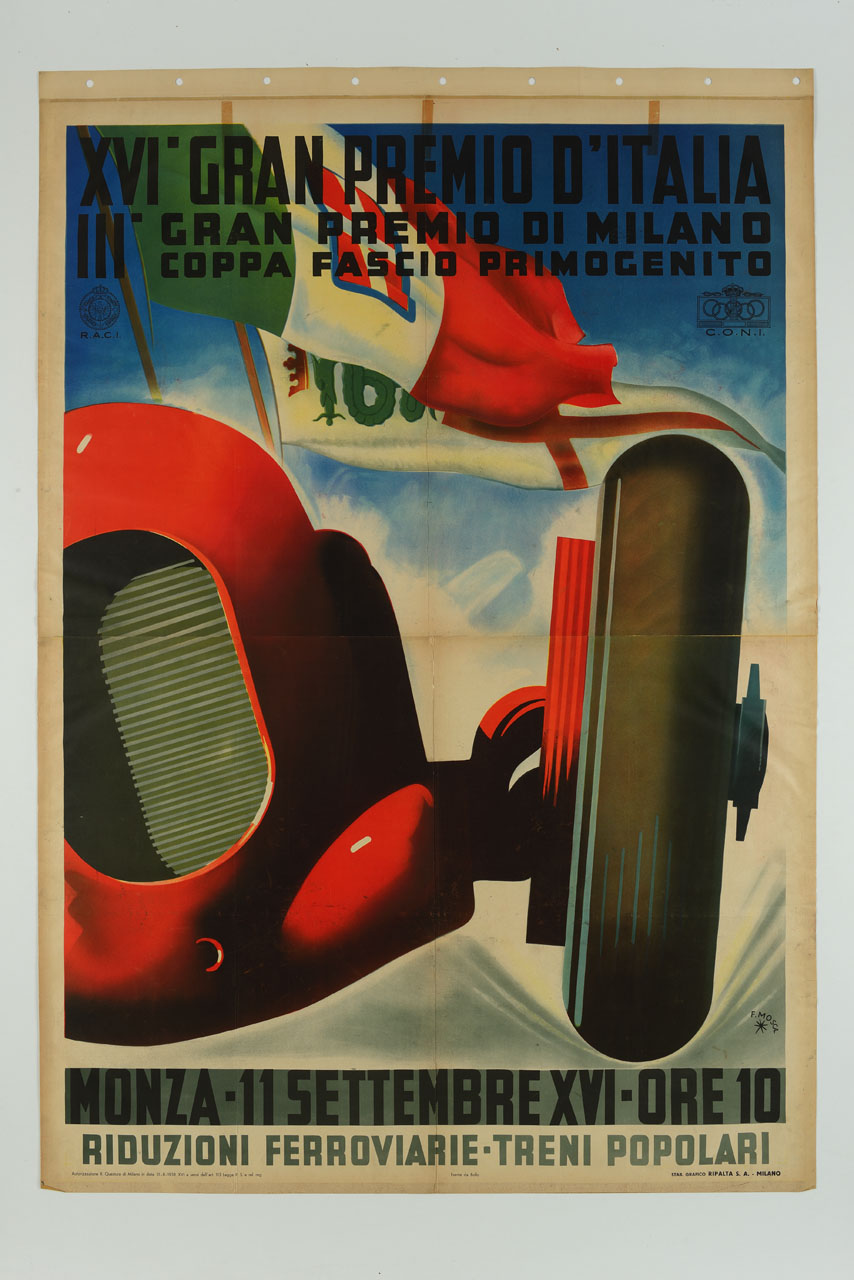 particolare di automobile in corsa sovrastato da bandiere (manifesto, stampa composita) di Mosca Franco (sec. XX)