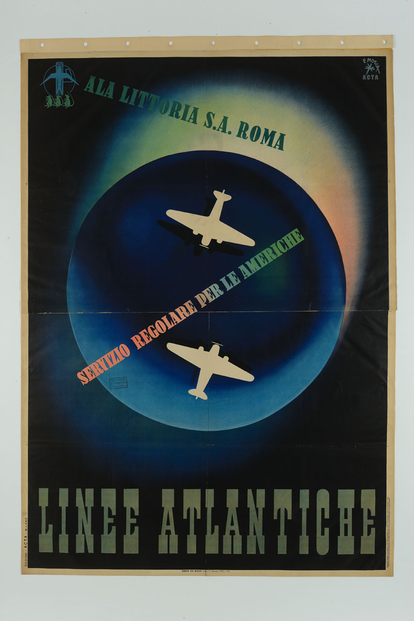 sagome di aerei sovrapposte a globo terrestre (manifesto, stampa composita) di Mosca Franco (sec. XX)