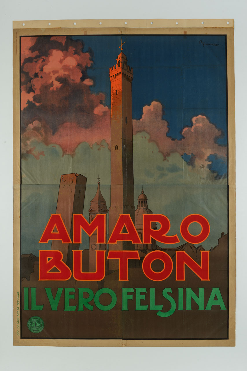 disegno con veduta dei principali monumenti della città di Bologna (manifesto, stampa composita) di Franzoni Roberto (sec. XX)