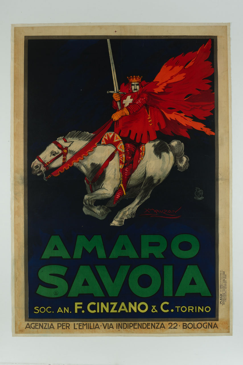 re con spada e stemma sabaudo sulla casacca cavalca un cavallo bianco (manifesto) di Mauzan Achille Luciano, MAGA (sec. XX)