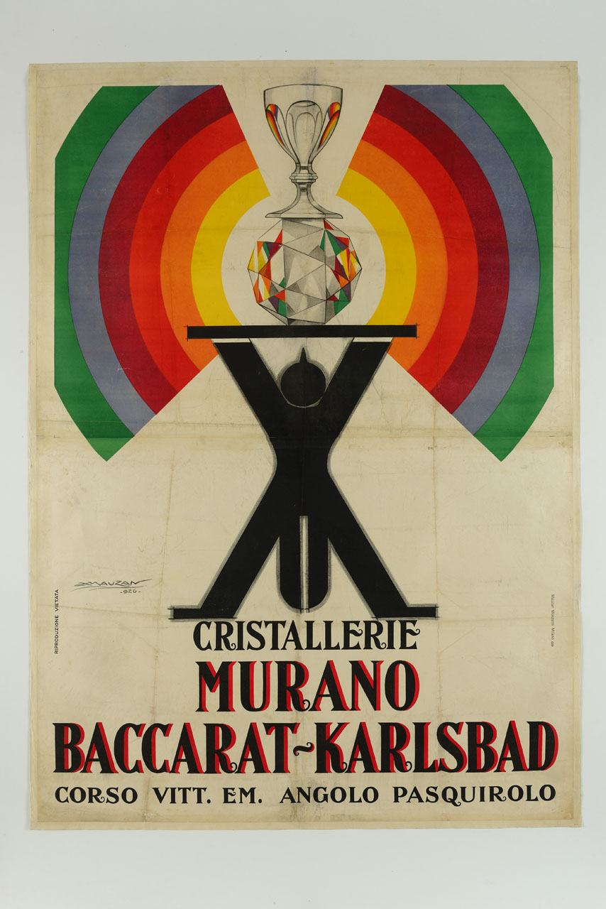 uomo stilizzato in frac sorregge vassoio con sfera di cristallo sovrastata da una coppa sullo sfondo di un arcobaleno (manifesto) di Mauzan Achille Luciano (sec. XX)