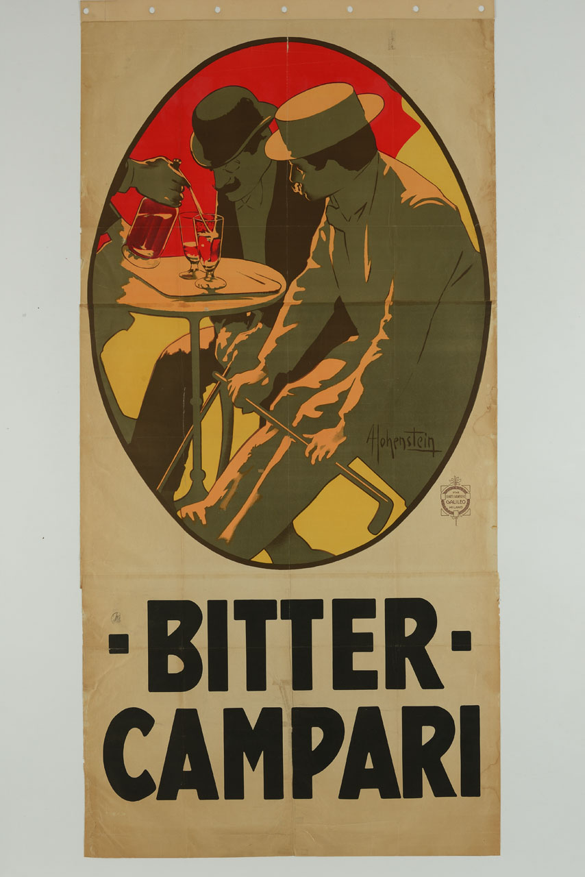 a due uomini seduti al bar viene servito l'aperitivo (manifesto, stampa composita) di Hohenstein Adolf (prima metà sec. XX)