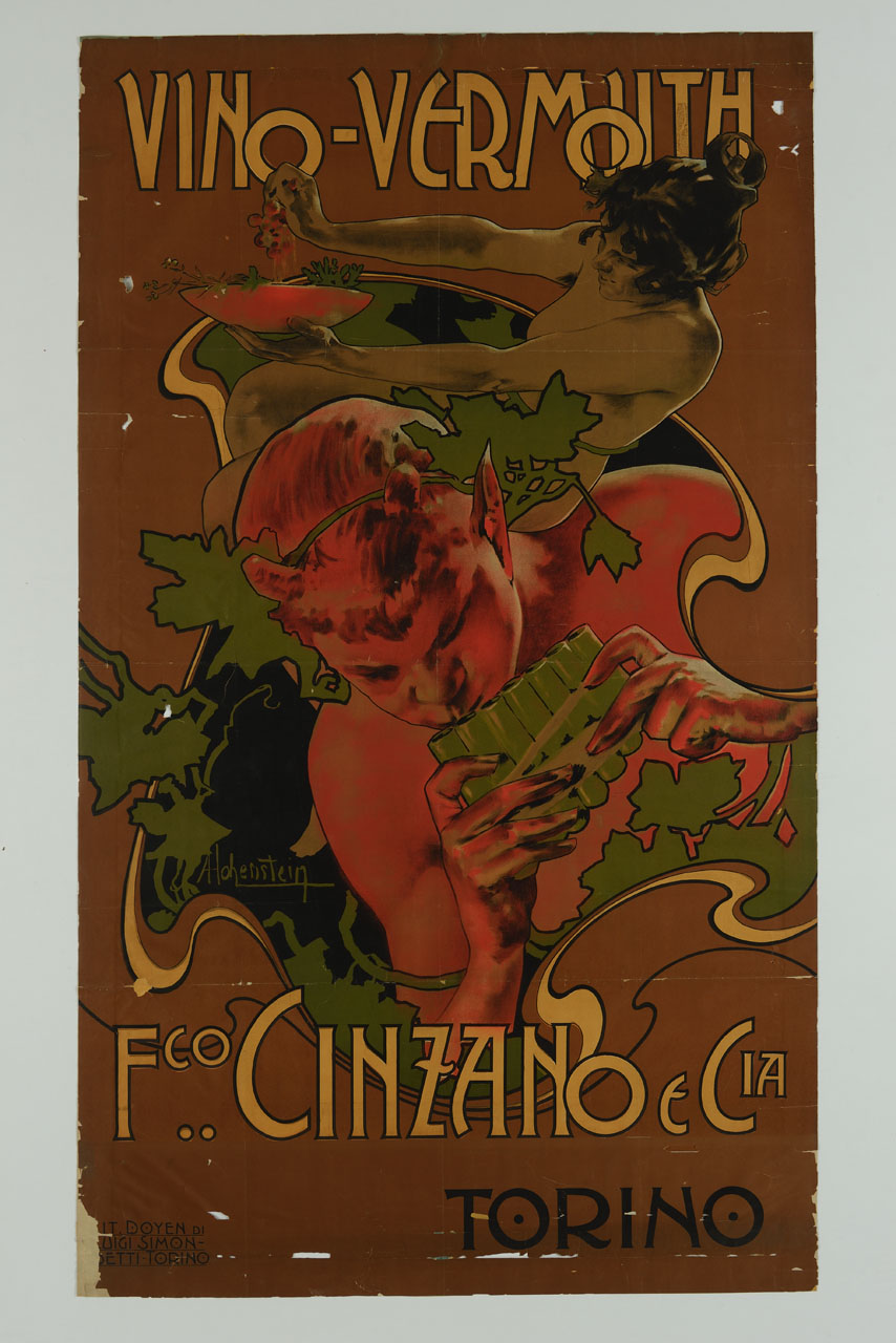 satiro suona la siringa e una donna spreme dell'uva in un piatto (manifesto) di Hohenstein Adolf (secc. XIX.XX)