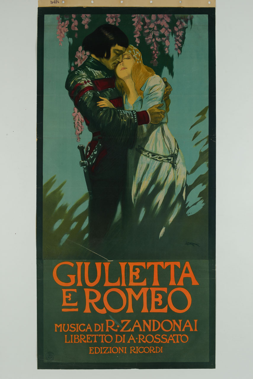 uomo e una donna si abbracciano (manifesto, stampa composita) di Metlicovitz Leopoldo (prima metà sec. XX)