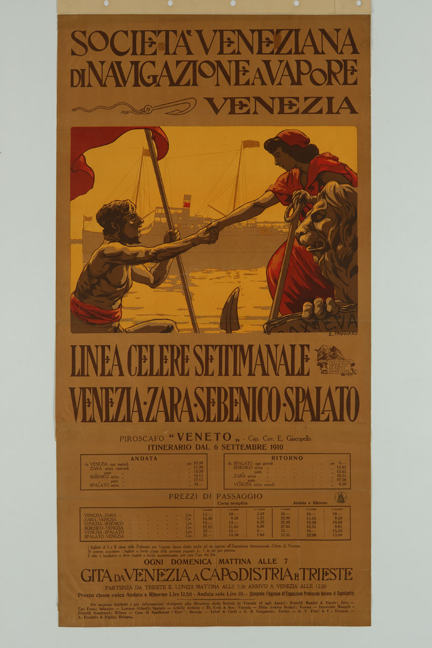 allegoria di Venezia tende la mano a un navigante con una nave che passa in secondo piano (manifesto, stampa composita) di Paggiaro Emilio (sec. XX)