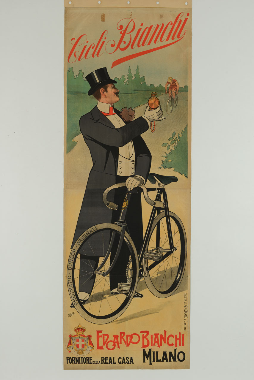 uomo elegantemente vestito cronometra la prestazione di un ciclista (manifesto, stampa composita) di Vecchi F (prima metà sec. XX)