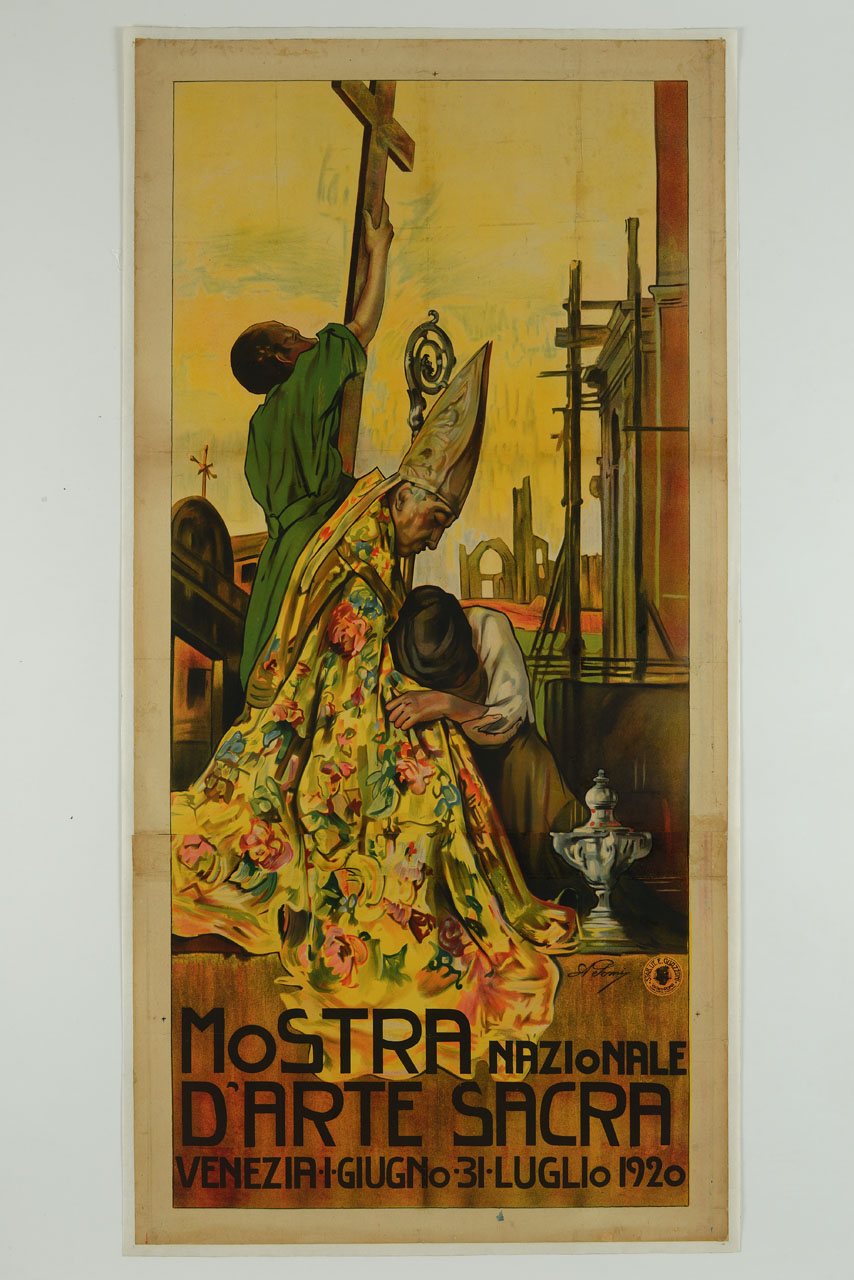 cardinale abbraccia un fedele mentre un uomo alza una croce (manifesto, stampa composita) di Pomi Alessandro (sec. XX)