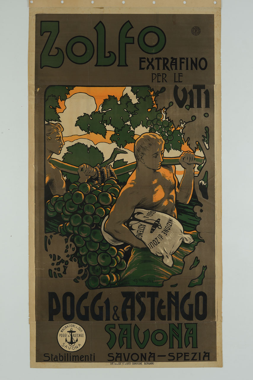 due uomini trasportano un enorme grappolo d'uva appeso a un ramo (manifesto, stampa composita) di Micheli A - ambito italiano (sec. XX)