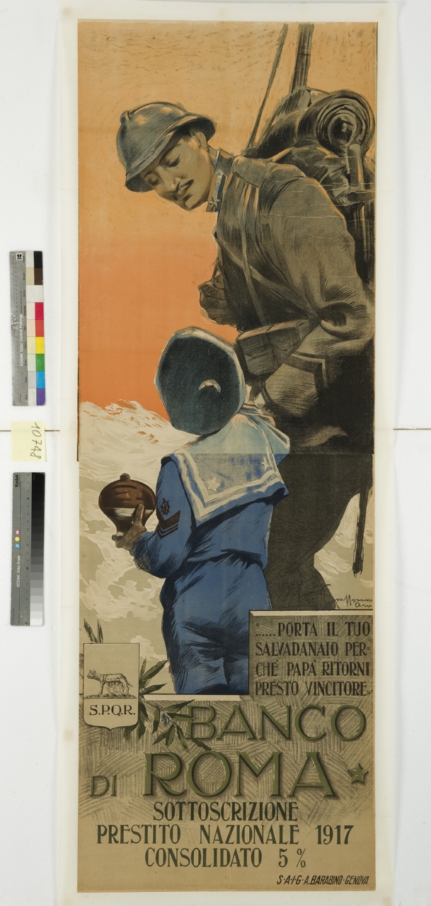 soldato tiene per mano un bambino che porta un salvadanaio (manifesto) di Craffonara Aurelio (sec. XX)