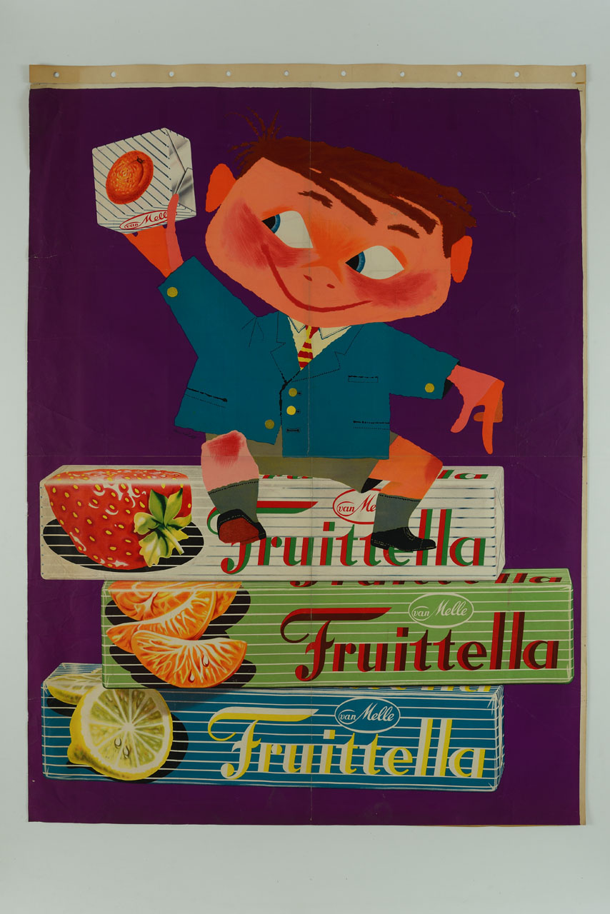 bambino seduto su tre confezioni di caramelle mostra un pacchetto (manifesto, stampa composita) di Heinz Kurth - ambito olandese (sec. XX)