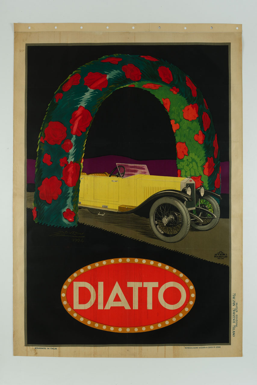 automobile sovrastata da arco di vegetali e fiori (manifesto) di Mauzan Achille Luciano (sec. XX)