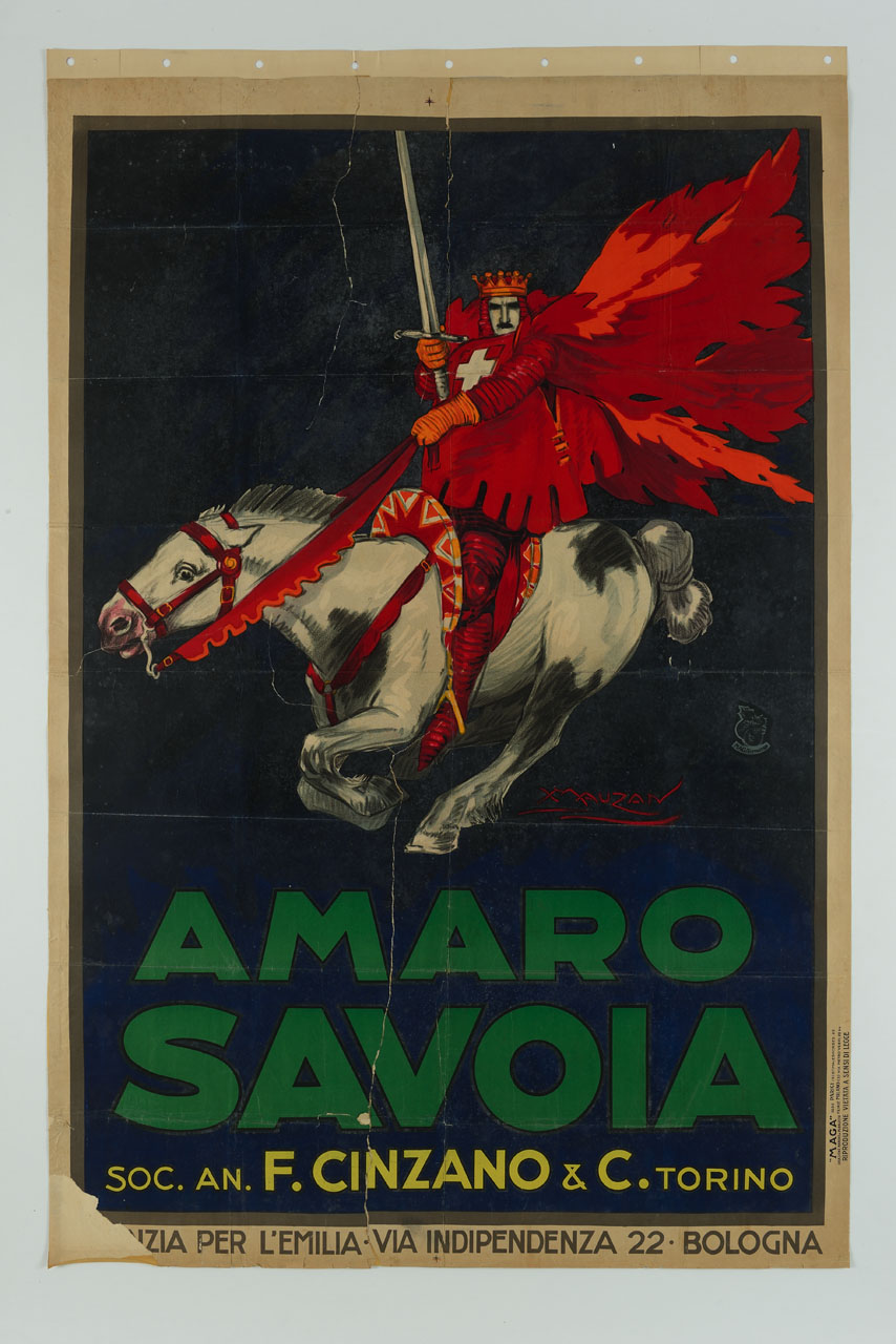 re con spada e stemma sabaudo sulla casacca cavalca un cavallo bianco (manifesto) di Mauzan Achille Luciano, MAGA (sec. XX)